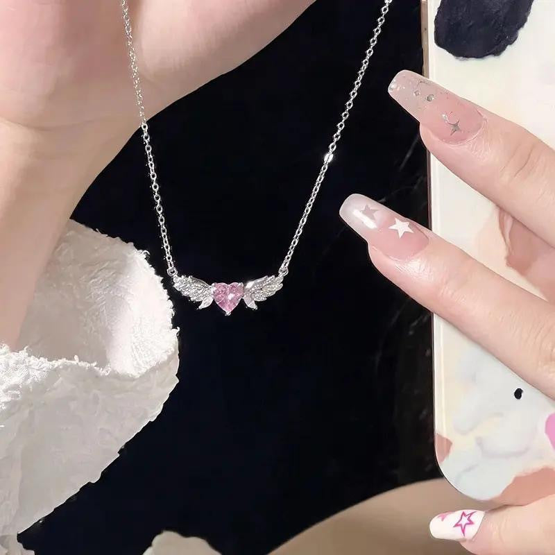 Sparkling Pink Heart Angel Wings Necklace