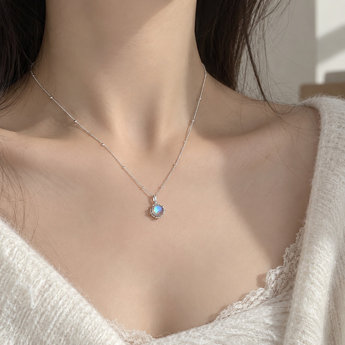 Sparkling Aurora Moonstone Pendant Satellite Necklace on model