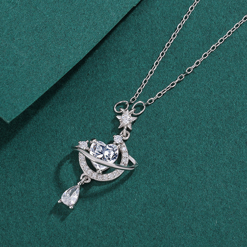 Sparkling Celestial Heart Planet Pendant Necklace close-up