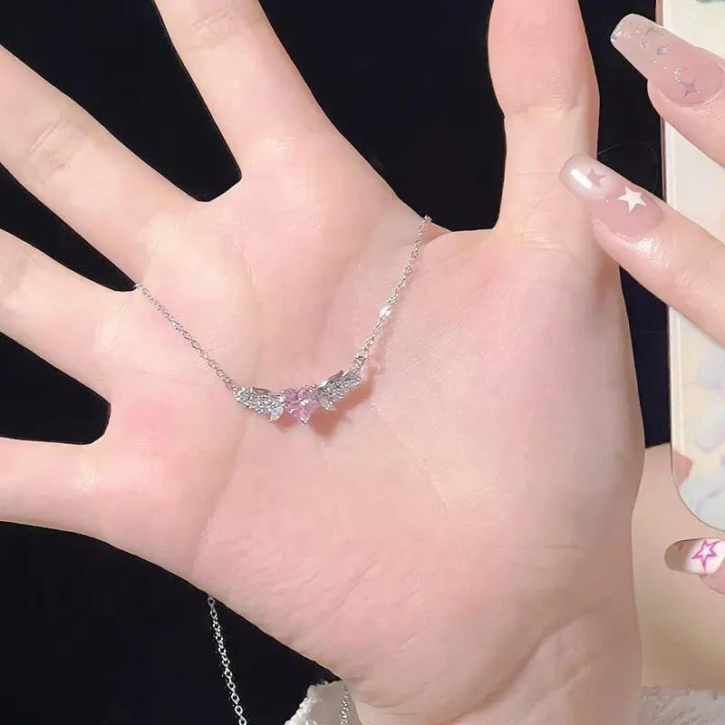 Sparkling Pink Heart Angel Wings Necklace