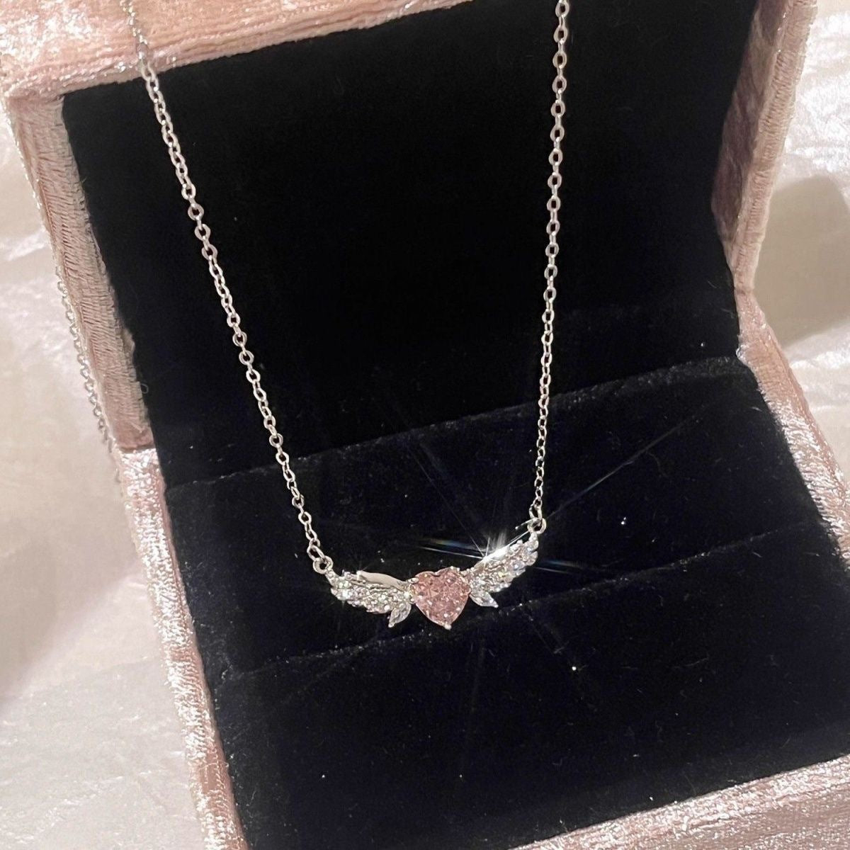 Sparkling Pink Heart Angel Wings Necklace