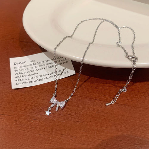 Sparkling Crystal Bow & Star Pendant Necklace