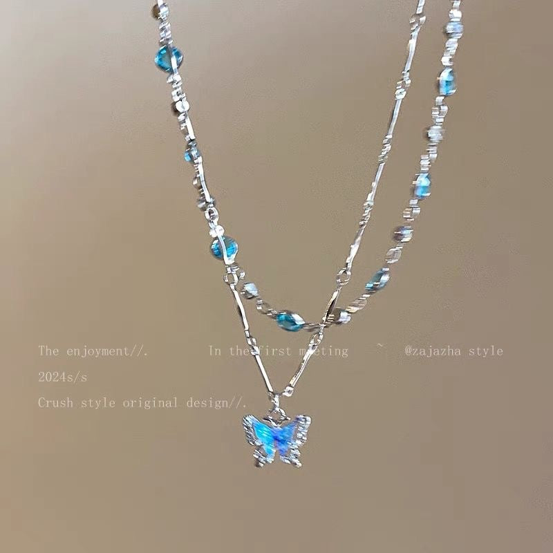 Sparkling Ocean Blue Butterfly Layered Necklace full view
