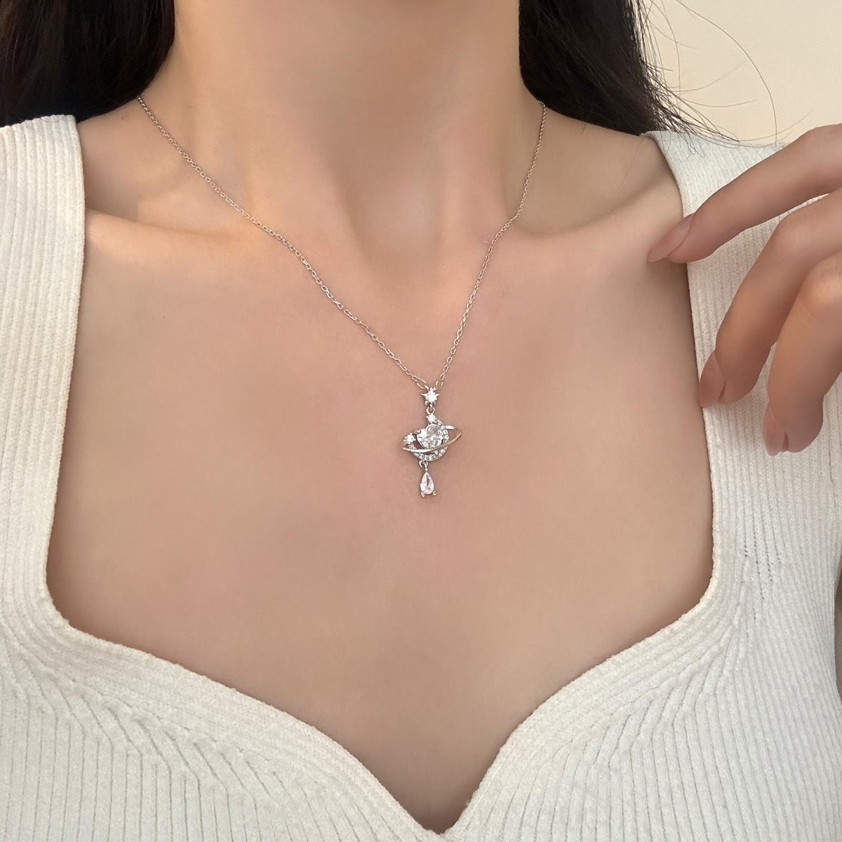 Sparkling Celestial Heart Planet Pendant Necklace on model