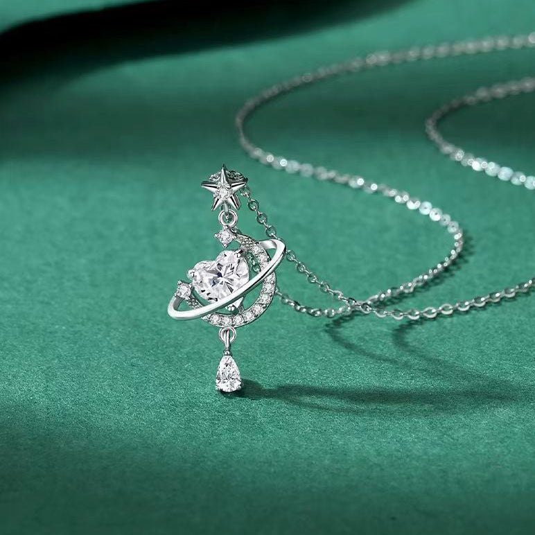 Sparkling Celestial Heart Planet Pendant Necklace angle view