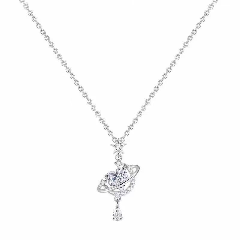 Sparkling Celestial Heart Planet Pendant Necklace white background