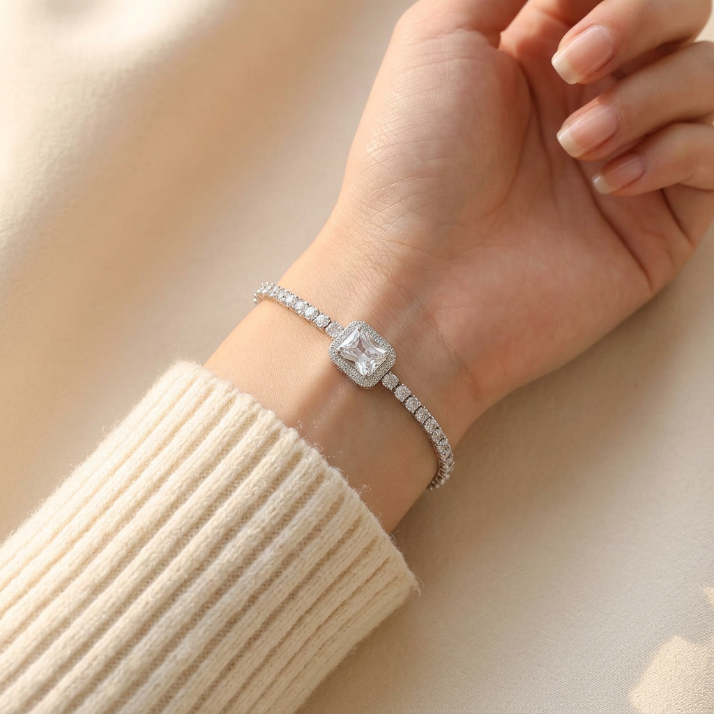 Emerald Radiant-Cut Crystal Tennis Bracelet on wrist