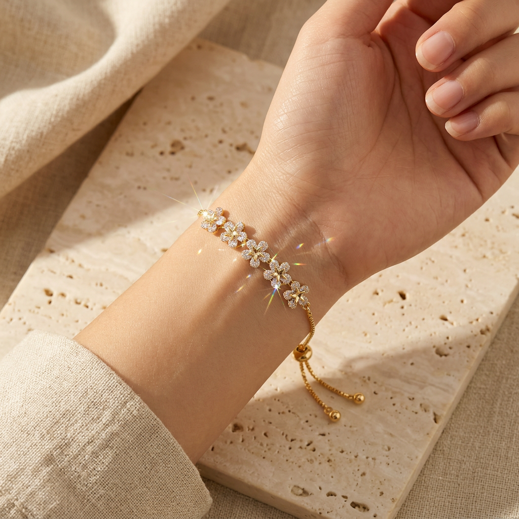 Golden Blossom Floral Cluster Adjustable Bracelet on wrist