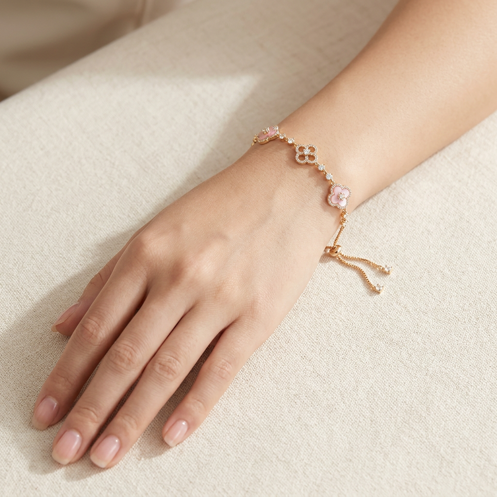 Rose Quartz Clover Adjustable Bolo Bracelet worn on wrist